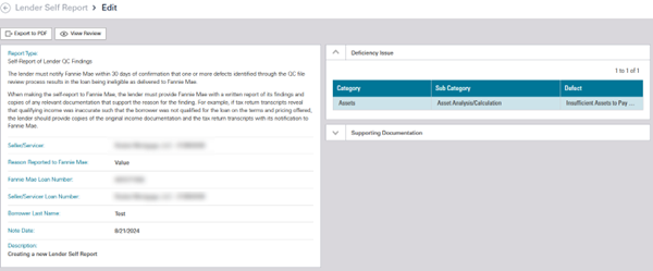 Lender Self Report > Edit Screen