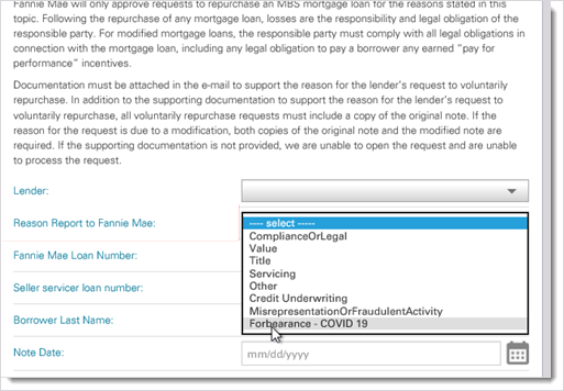 Reason Report to Fannie Mae: Drop-down