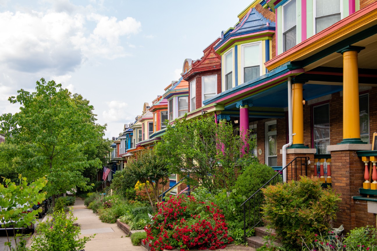 Row of houses with trees in front