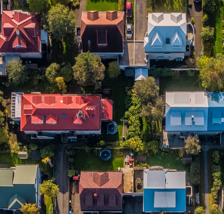 Aerial view of residential rooftops